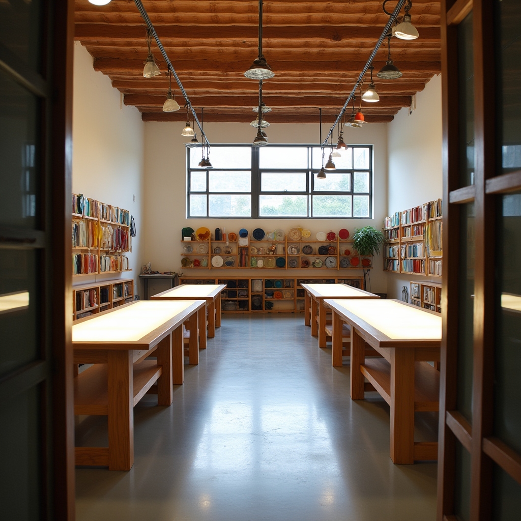 Interno dell'atelier con tavoli da lavoro e materiali per il vetro