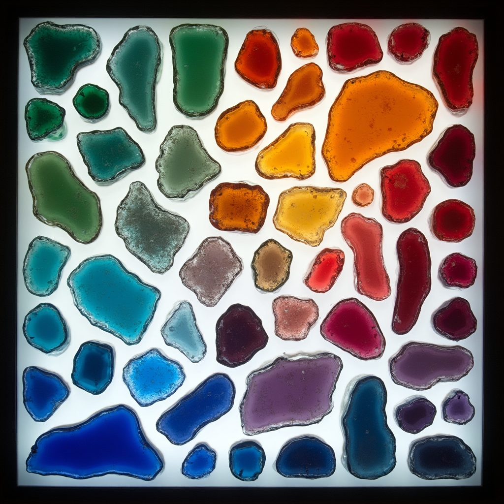Frammenti di vetro colorato su tavolo luminoso